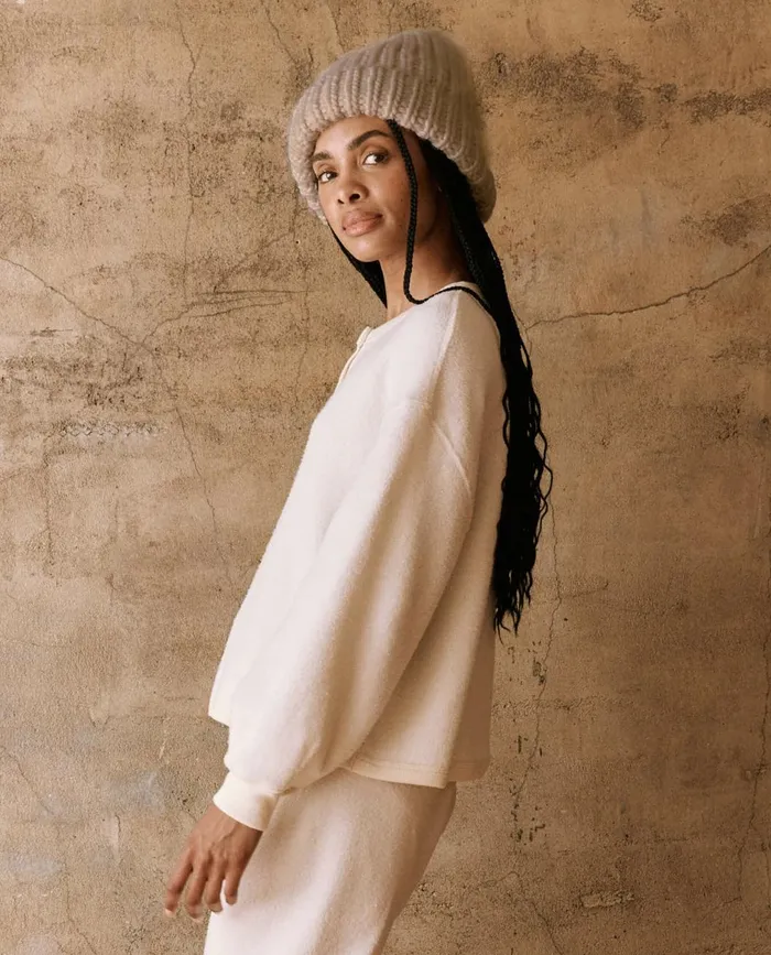 Sweaters Women The Great The Fleece Henley Sweatshirt Washed White Sweaters Women The Great The Fleece Henley Sweatshirt Washed White