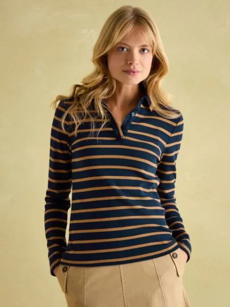 Tops and TShirts Women Joules Navy and Tan Long Sleeve Ribbed Polo Shirt