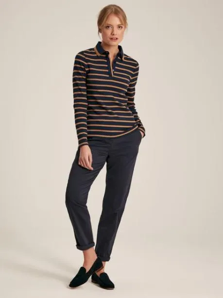Tops and TShirts Women Joules Navy and Tan Long Sleeve Ribbed Polo Shirt