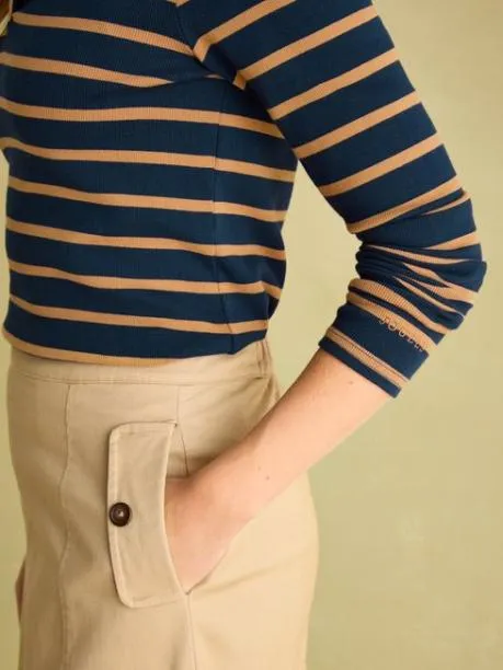 Tops and TShirts Women Joules Navy and Tan Long Sleeve Ribbed Polo Shirt