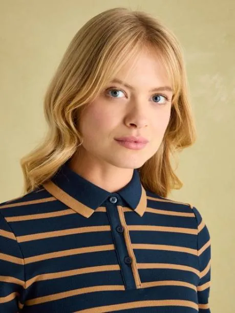 Tops and TShirts Women Joules Navy and Tan Long Sleeve Ribbed Polo Shirt