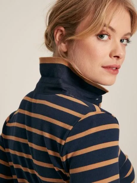 Tops and TShirts Women Joules Navy and Tan Long Sleeve Ribbed Polo Shirt