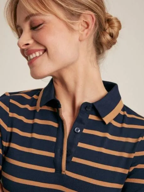 Tops and TShirts Women Joules Navy and Tan Long Sleeve Ribbed Polo Shirt