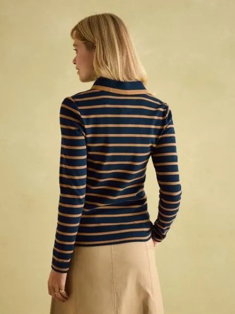 Tops and TShirts Women Joules Navy and Tan Long Sleeve Ribbed Polo Shirt