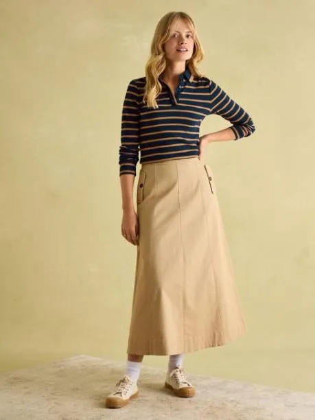 Tops and TShirts Women Joules Navy and Tan Long Sleeve Ribbed Polo Shirt