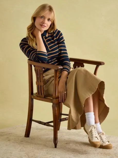 Tops and TShirts Women Joules Navy and Tan Long Sleeve Ribbed Polo Shirt