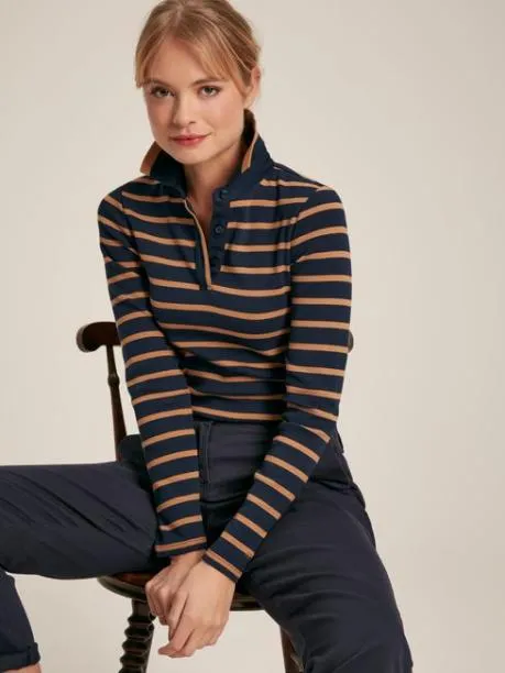 Tops and TShirts Women Joules Navy and Tan Long Sleeve Ribbed Polo Shirt