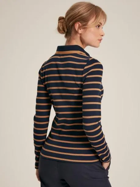 Tops and TShirts Women Joules Navy and Tan Long Sleeve Ribbed Polo Shirt