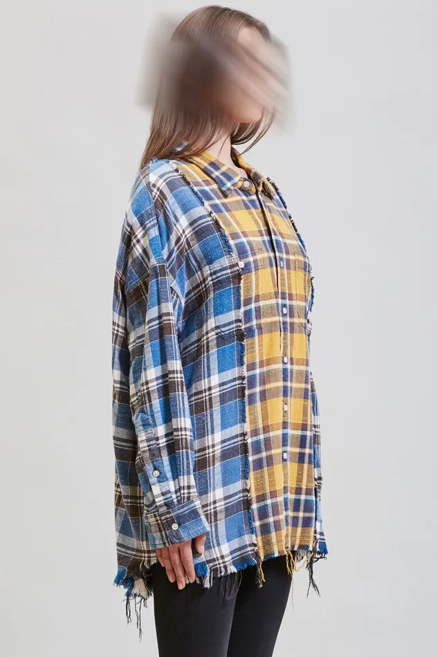 Tops R13 Women Drop Neck Combo Workshirt 8211 Blue And Yellow Plaid