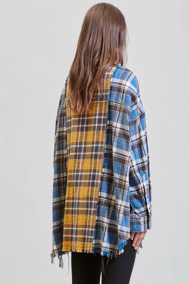 Tops R13 Women Drop Neck Combo Workshirt 8211 Blue And Yellow Plaid