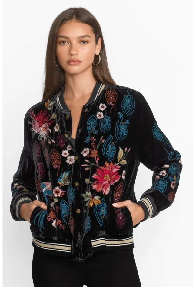 Women Ashira Velvet Snap Front Bomber Jacket Black Johnny Was Outerwear