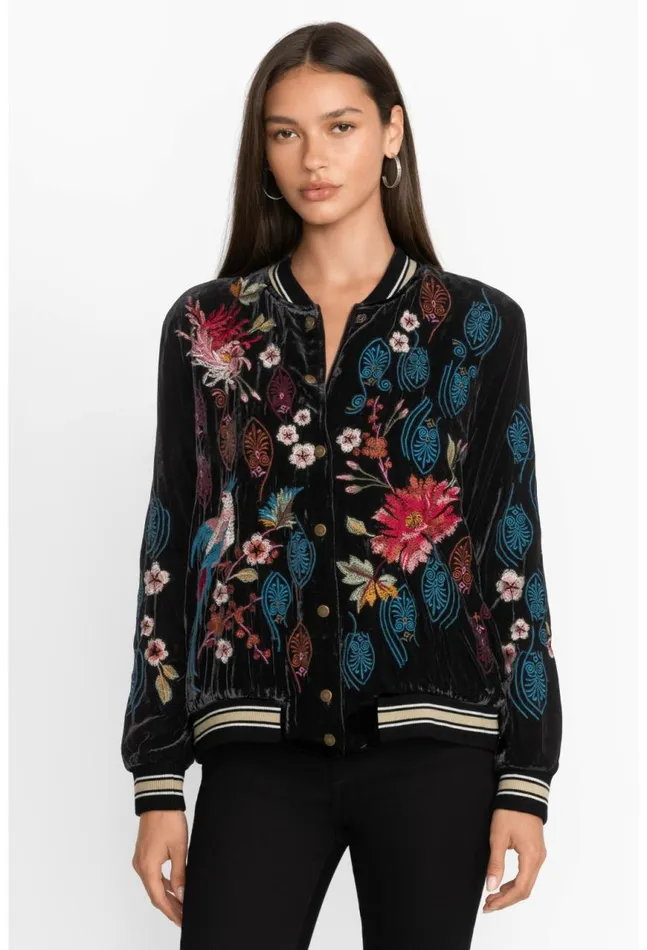 Women Ashira Velvet Snap Front Bomber Jacket Black Johnny Was Outerwear