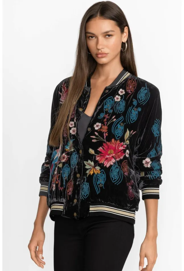 Women Ashira Velvet Snap Front Bomber Jacket Black Johnny Was Outerwear