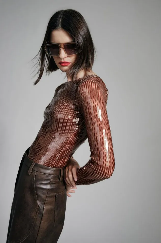 Women Bardot Bodysuits Brenna Sequin Bodysuit In Chocolate