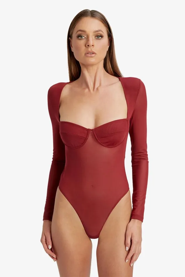 Women Bardot Bodysuits Carter Mesh Bodysuit In Burgundy Women Bardot Bodysuits Carter Mesh Bodysuit In Burgundy