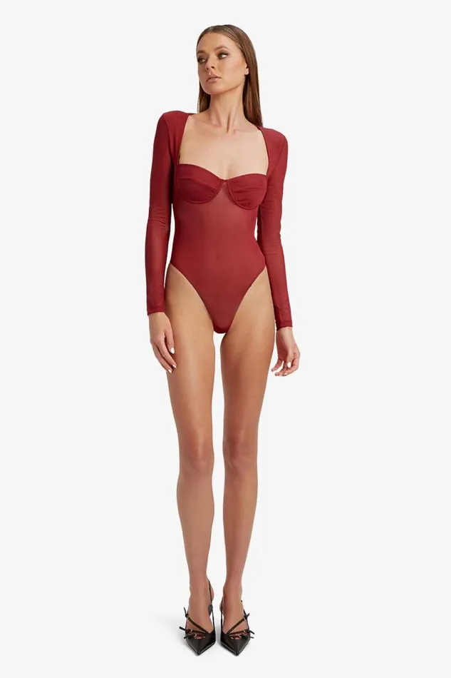 Women Bardot Bodysuits Carter Mesh Bodysuit In Burgundy Women Bardot Bodysuits Carter Mesh Bodysuit In Burgundy