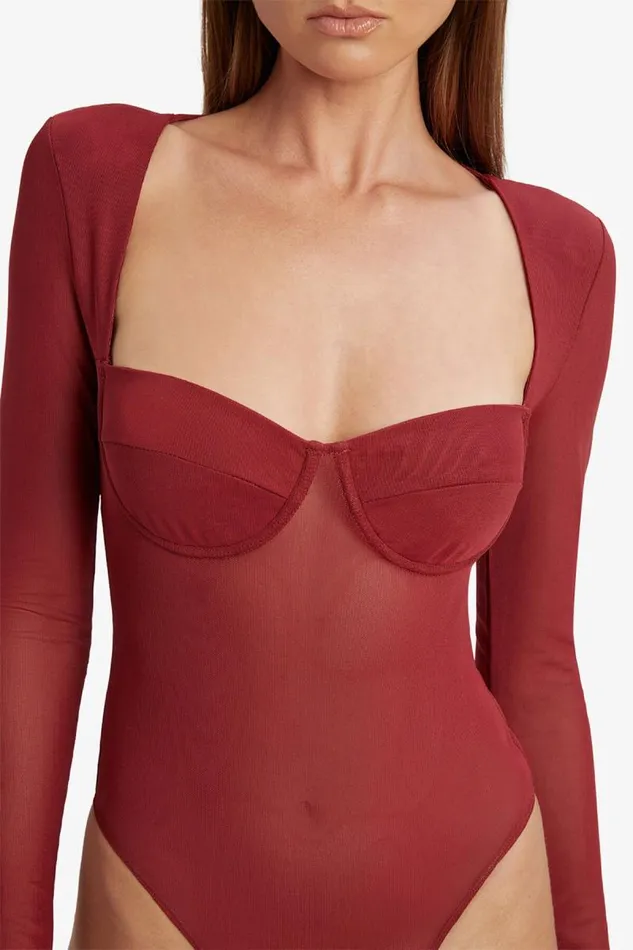 Women Bardot Bodysuits Carter Mesh Bodysuit In Burgundy Women Bardot Bodysuits Carter Mesh Bodysuit In Burgundy