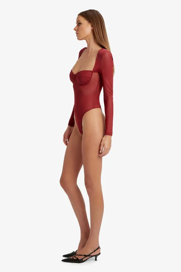 Women Bardot Bodysuits Carter Mesh Bodysuit In Burgundy Women Bardot Bodysuits Carter Mesh Bodysuit In Burgundy