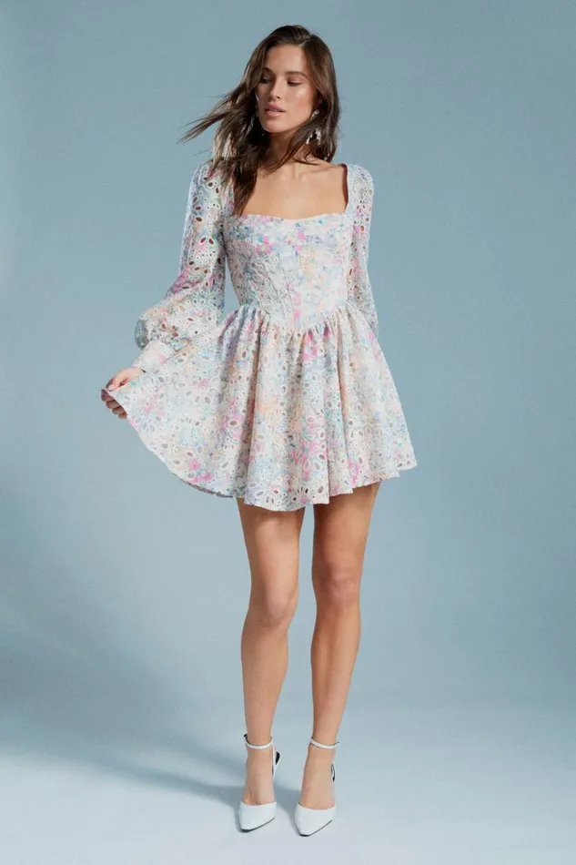 Women Bardot Day To Night Dresses Lila Flounce Broderie Dress In Pastel Floral Women Bardot Day To Night Dresses Lila Flounce Broderie Dress In Pastel Floral