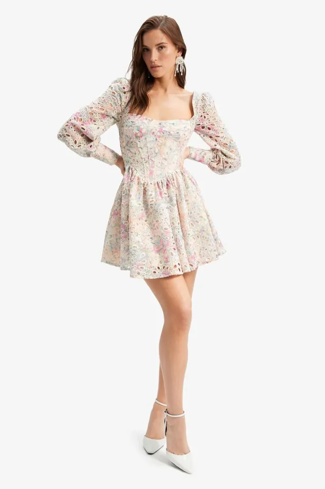 Women Bardot Day To Night Dresses Lila Flounce Broderie Dress In Pastel Floral Women Bardot Day To Night Dresses Lila Flounce Broderie Dress In Pastel Floral
