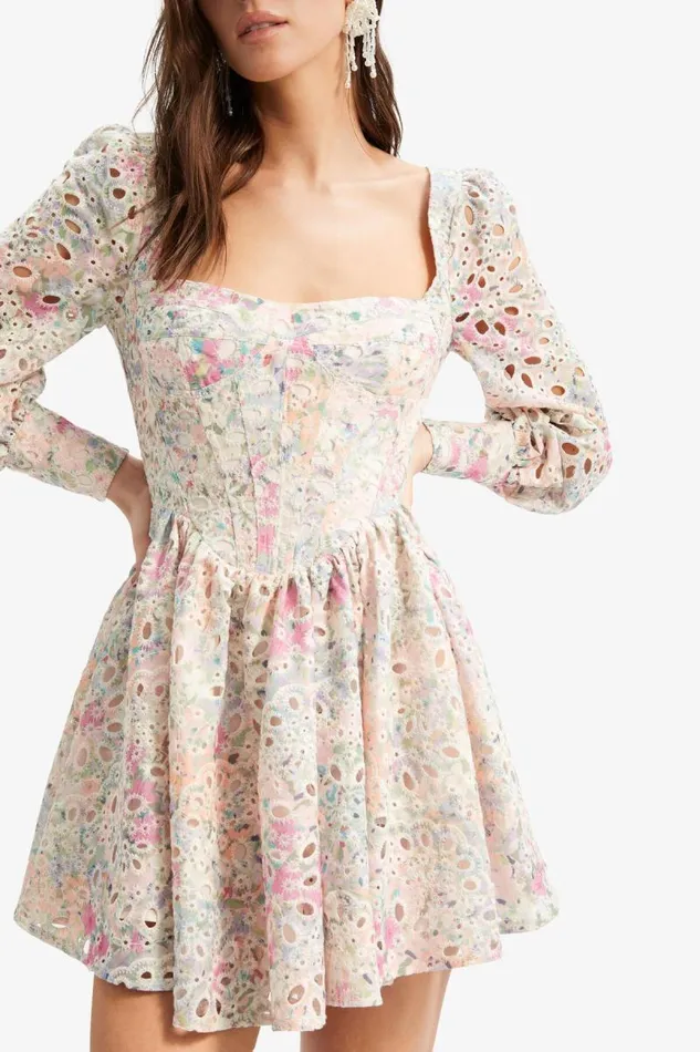 Women Bardot Day To Night Dresses Lila Flounce Broderie Dress In Pastel Floral Women Bardot Day To Night Dresses Lila Flounce Broderie Dress In Pastel Floral