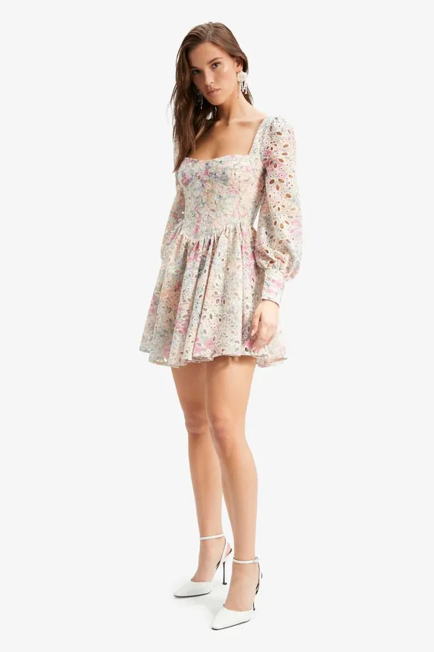 Women Bardot Day To Night Dresses Lila Flounce Broderie Dress In Pastel Floral Women Bardot Day To Night Dresses Lila Flounce Broderie Dress In Pastel Floral