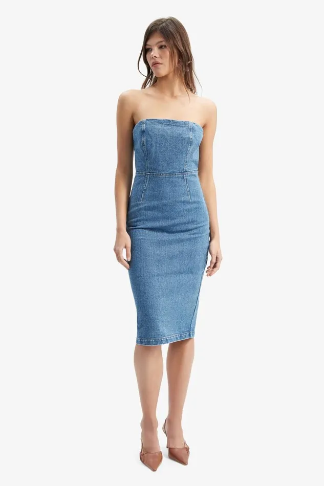 Women Bardot Day To Night Dresses Vanda Denim Midi Dress In Vintage Blue Women Bardot Day To Night Dresses Vanda Denim Midi Dress In Vintage Blue