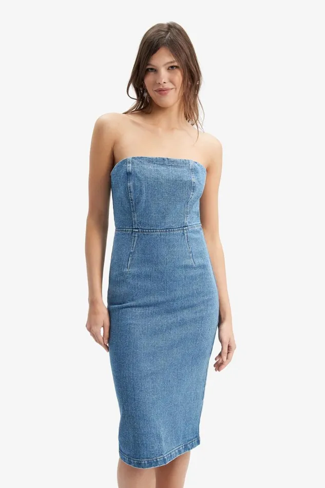 Women Bardot Day To Night Dresses Vanda Denim Midi Dress In Vintage Blue Women Bardot Day To Night Dresses Vanda Denim Midi Dress In Vintage Blue
