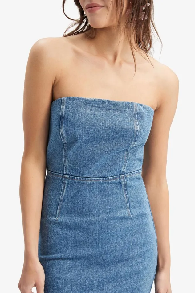 Women Bardot Day To Night Dresses Vanda Denim Midi Dress In Vintage Blue Women Bardot Day To Night Dresses Vanda Denim Midi Dress In Vintage Blue