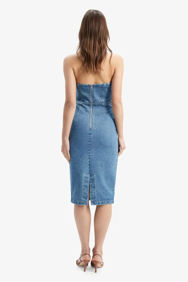 Women Bardot Day To Night Dresses Vanda Denim Midi Dress In Vintage Blue Women Bardot Day To Night Dresses Vanda Denim Midi Dress In Vintage Blue