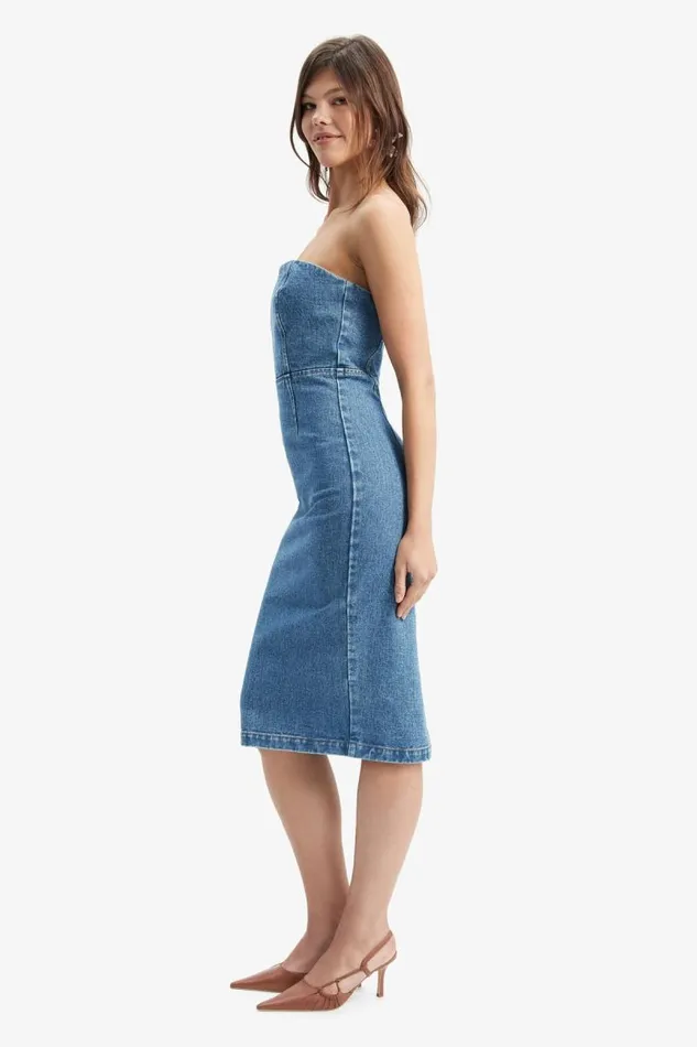 Women Bardot Day To Night Dresses Vanda Denim Midi Dress In Vintage Blue Women Bardot Day To Night Dresses Vanda Denim Midi Dress In Vintage Blue