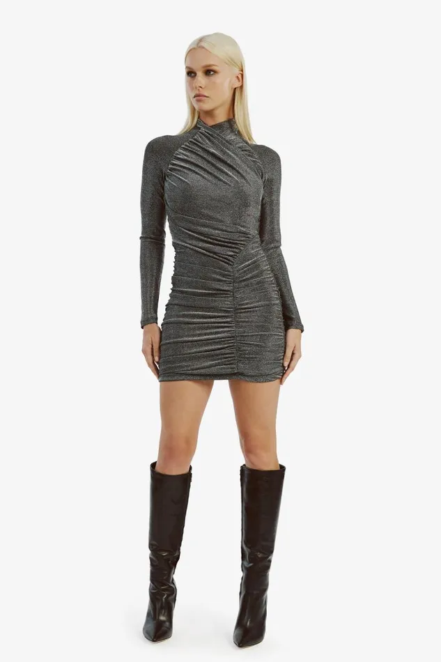 Women Bardot Party Dresses Evalina Lurex Mini Dress In Silver Lurex Women Bardot Party Dresses Evalina Lurex Mini Dress In Silver Lurex