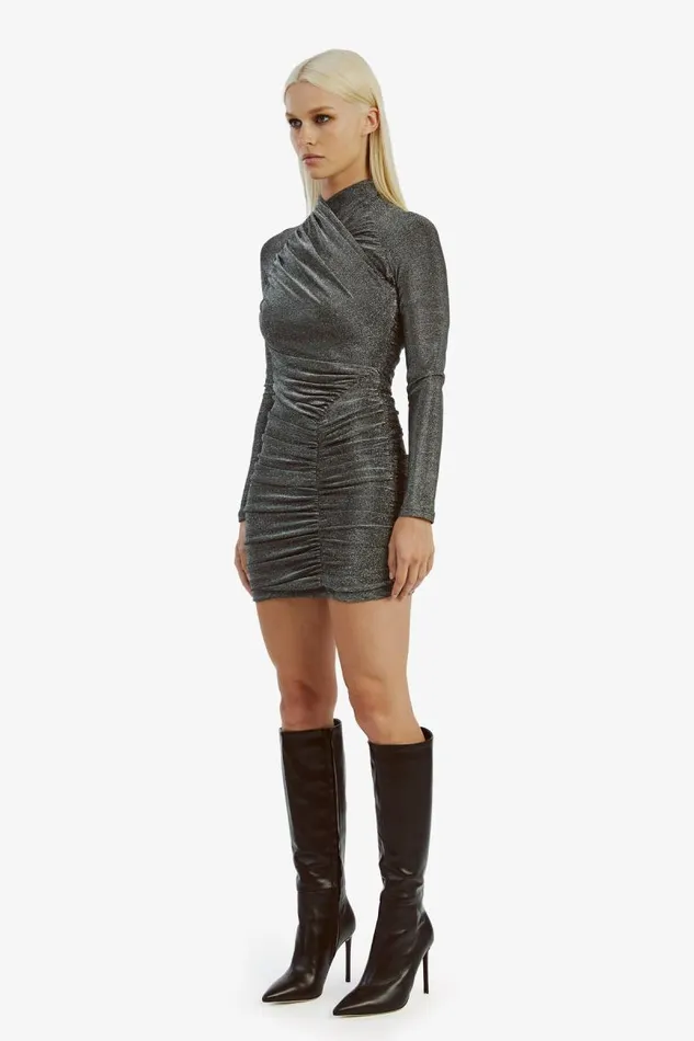 Women Bardot Party Dresses Evalina Lurex Mini Dress In Silver Lurex Women Bardot Party Dresses Evalina Lurex Mini Dress In Silver Lurex