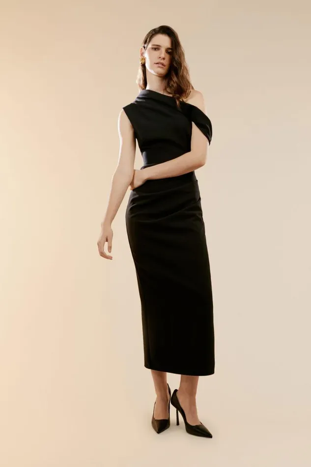 Women Bardot Party Dresses Maeve Asymmetric Midi Dress In Black