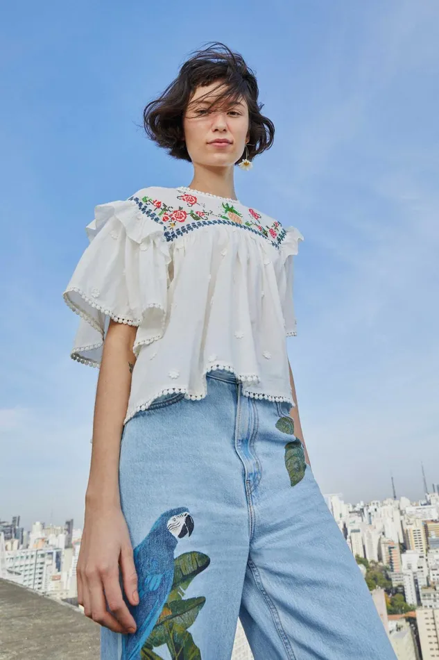 Women Blouses Farm Rio OffWhite Cross Stitch Embroidered Blouse