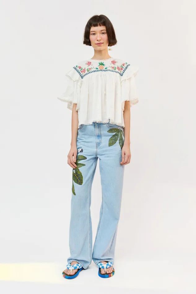 Women Blouses Farm Rio OffWhite Cross Stitch Embroidered Blouse