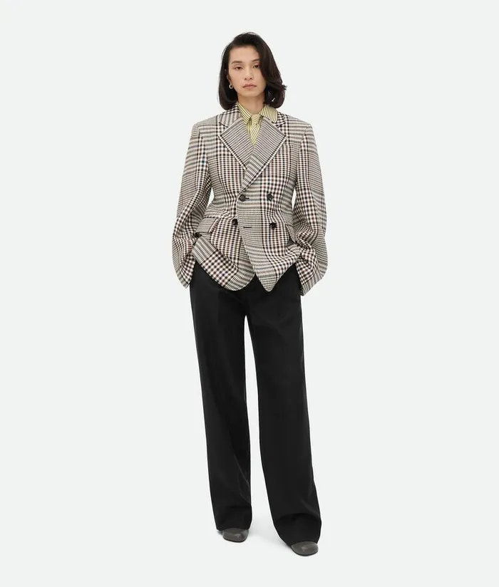 Women Bottega Veneta Jackets Structured Check Cotton Jacket Pollenbrownnavy