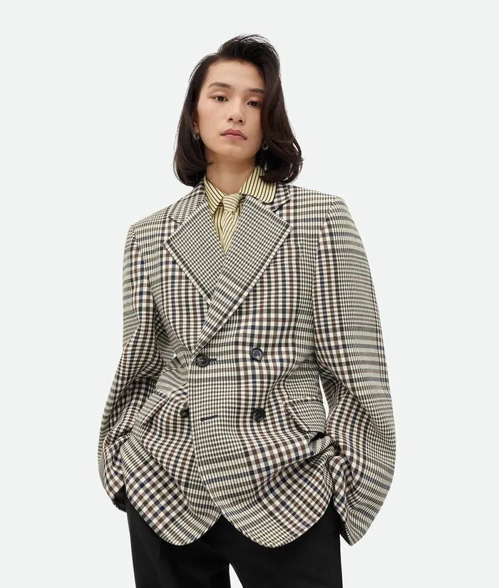 Women Bottega Veneta Jackets Structured Check Cotton Jacket Pollenbrownnavy