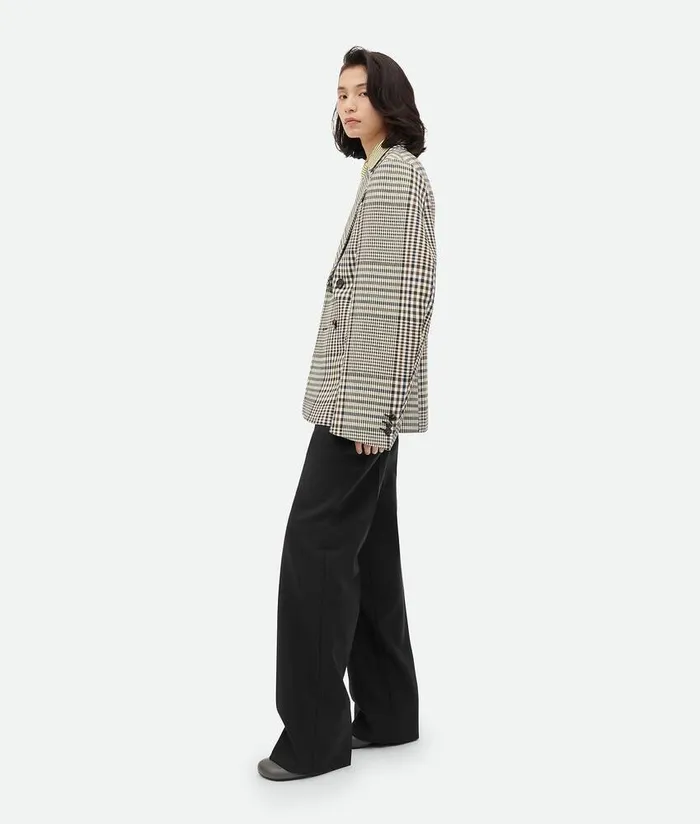 Women Bottega Veneta Jackets Structured Check Cotton Jacket Pollenbrownnavy