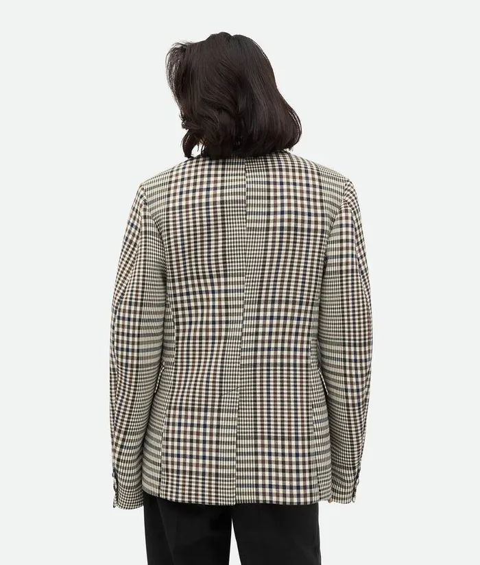 Women Bottega Veneta Jackets Structured Check Cotton Jacket Pollenbrownnavy