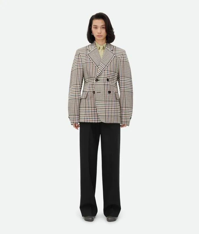 Women Bottega Veneta Jackets Structured Check Cotton Jacket Pollenbrownnavy