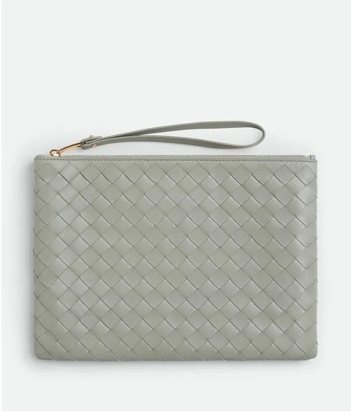 Women Bottega Veneta Pouches Medium Intrecciato Flat Pouch Agate Grey