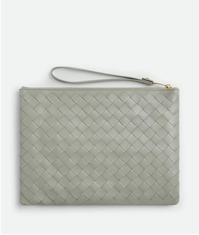 Women Bottega Veneta Pouches Medium Intrecciato Flat Pouch Agate Grey