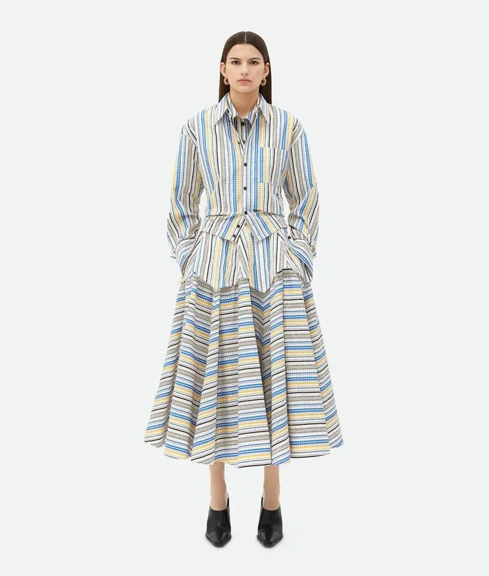 Women Bottega Veneta Shirts Checked Cotton Shirt Whiteblueblack