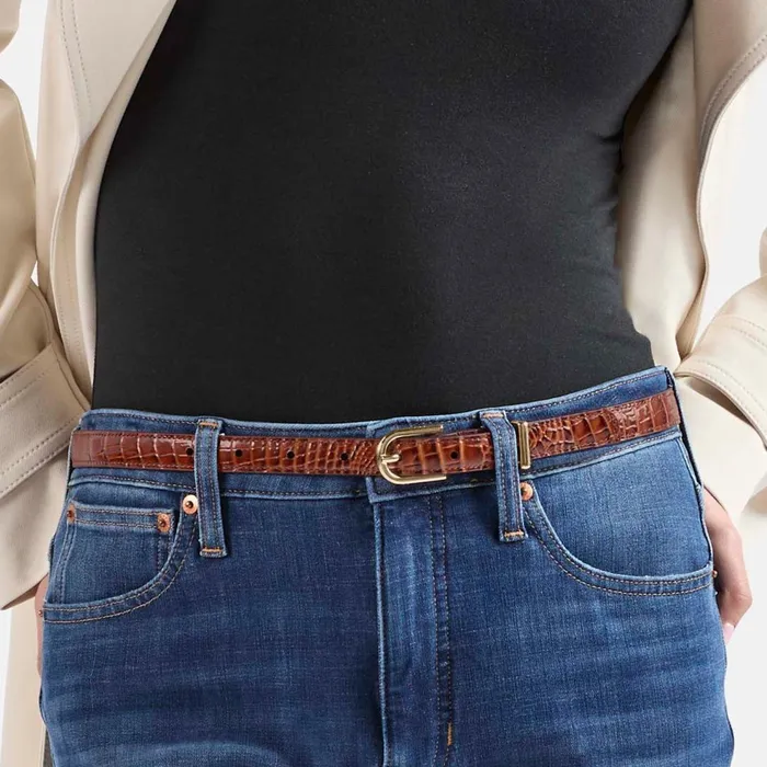 Women Brahmin Belts Skinny Leather Gold Buckle Belt Carnation Classic Croc Women Brahmin Belts Skinny Leather Gold Buckle Belt Carnation Classic Croc