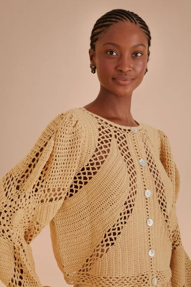Women Cardigans Farm Rio Sand Flower Draw Crochet Cardigan