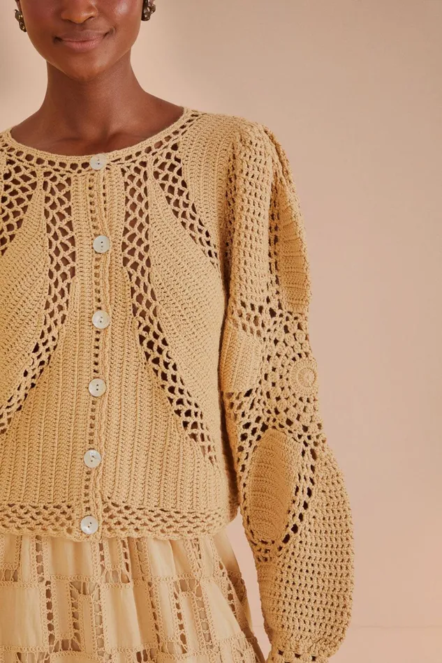 Women Cardigans Farm Rio Sand Flower Draw Crochet Cardigan