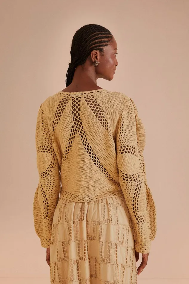 Women Cardigans Farm Rio Sand Flower Draw Crochet Cardigan