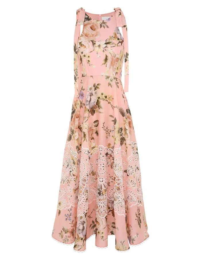 Women Clothing Zimmermann Acacia Broderie Midi Dress Pink Floral