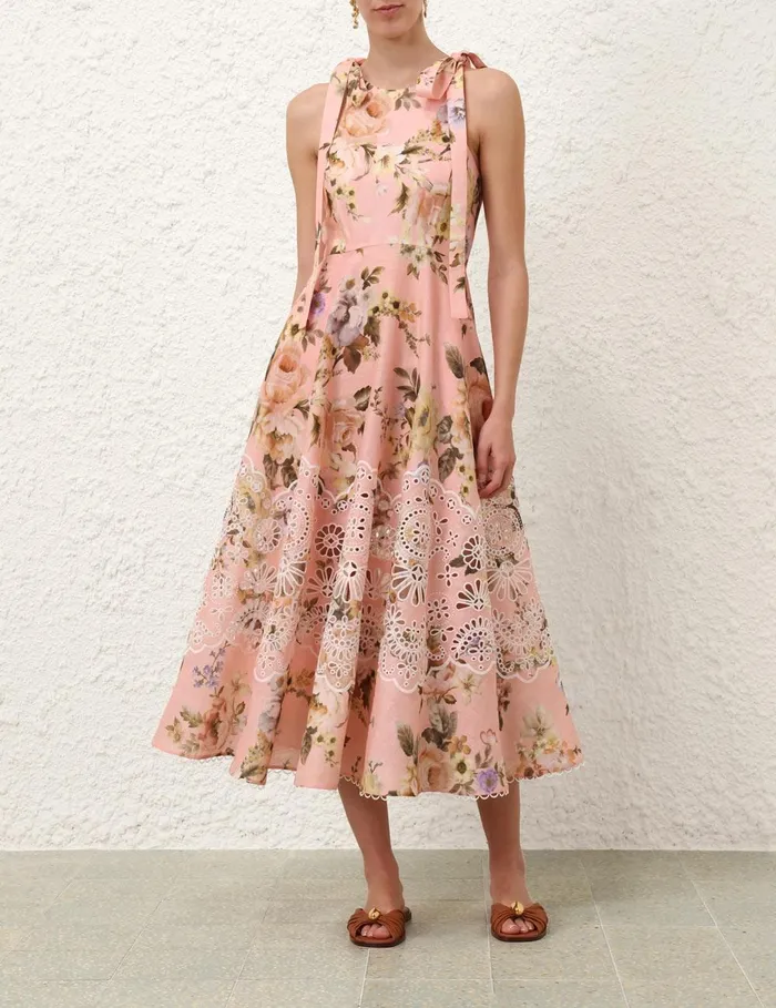 Women Clothing Zimmermann Acacia Broderie Midi Dress Pink Floral